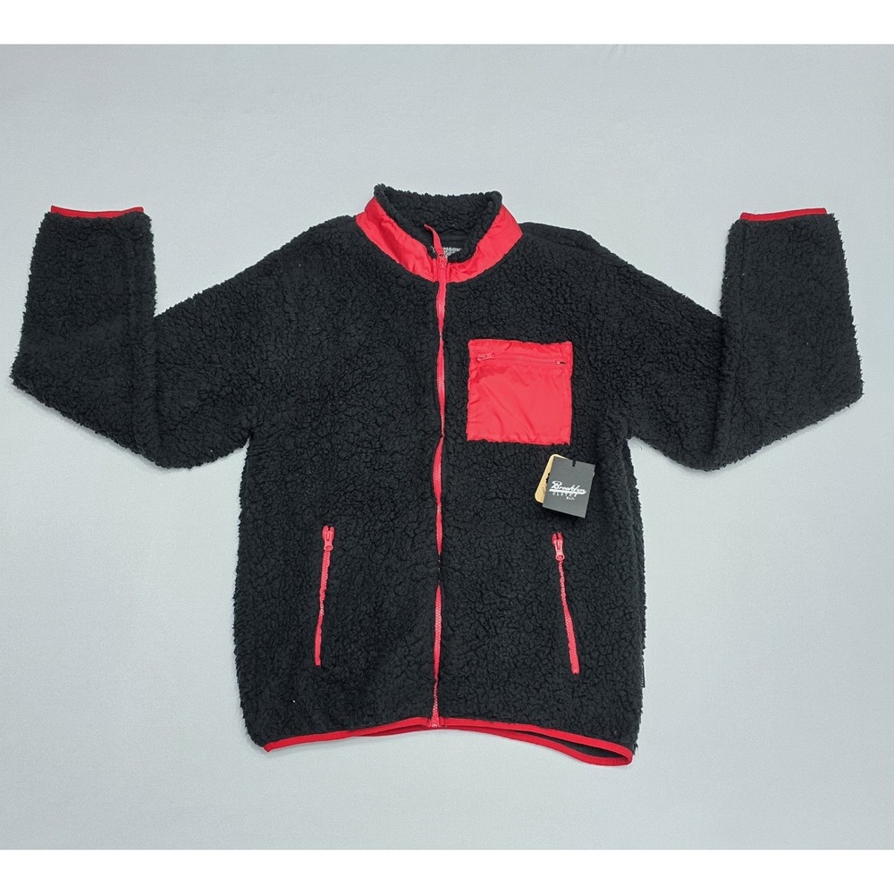 Brooklyn Cloth Mens Sherpa Fleece Jacket Black Red Full Zip Mock Neck Large NEW